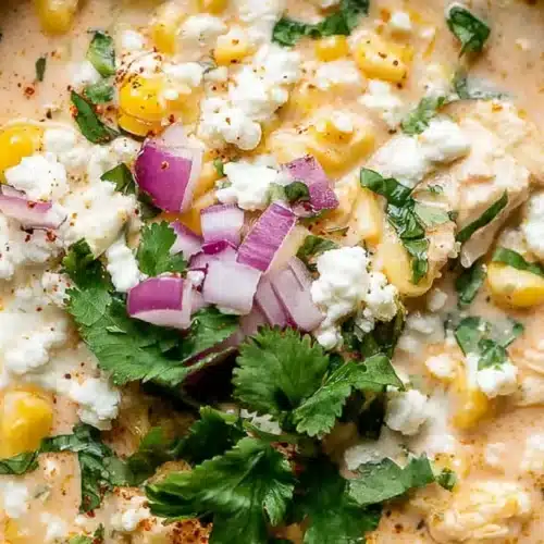 Close-up of a creamy bowl of Easy Mexican Street Corn White Chicken Chili, garnished with cotija cheese, red onion, and fresh cilantro, with a spoon.