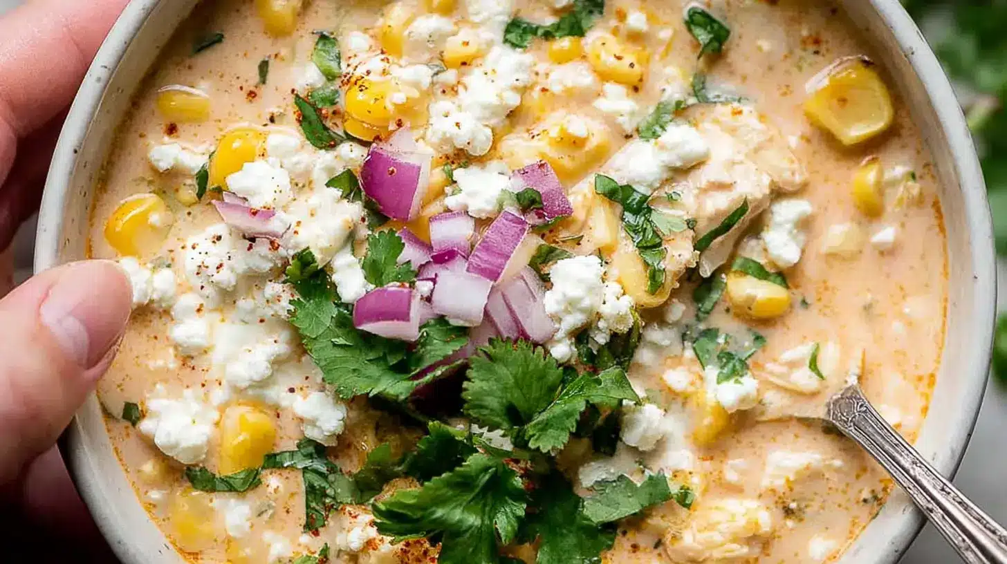 Close-up of a creamy bowl of Easy Mexican Street Corn White Chicken Chili, garnished with cotija cheese, red onion, and fresh cilantro, with a spoon.