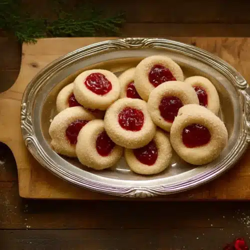 A rustic, overhead holiday spread featuring a silver platter of classic Jam Thumbprint Cookies with the Perfect Buttery Crumble, filled with bright red jam and sprinkled with sugar, surrounded by festive greenery and baking ingredients on a dark wooden table.