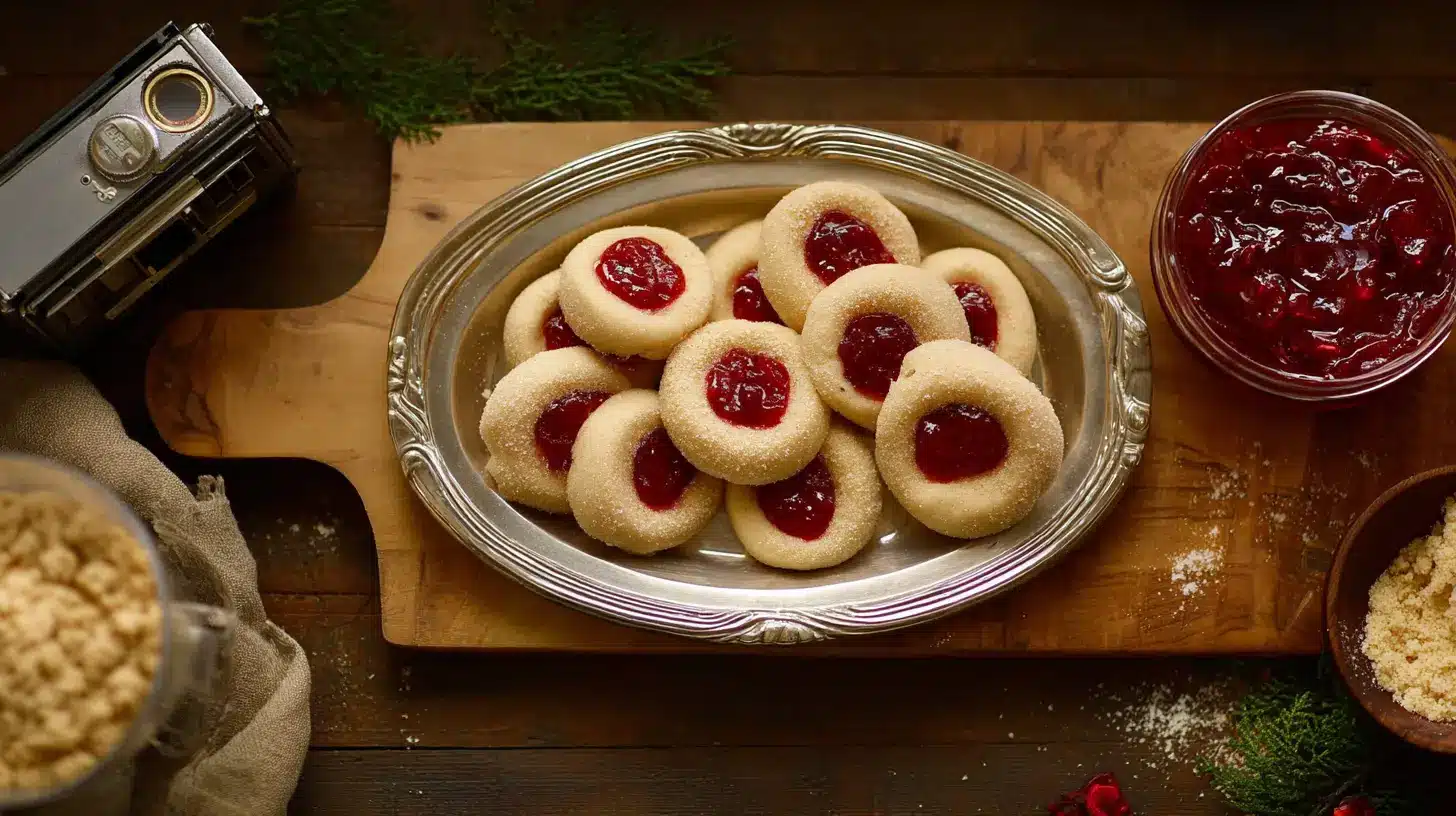 A rustic, overhead holiday spread featuring a silver platter of classic Jam Thumbprint Cookies with the Perfect Buttery Crumble, filled with bright red jam and sprinkled with sugar, surrounded by festive greenery and baking ingredients on a dark wooden table.