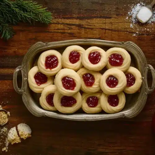 Overhead flat lay of festive Jam Thumbprint Cookies with the Perfect Buttery Crumble on a silver platter, surrounded by holiday baking ingredients.