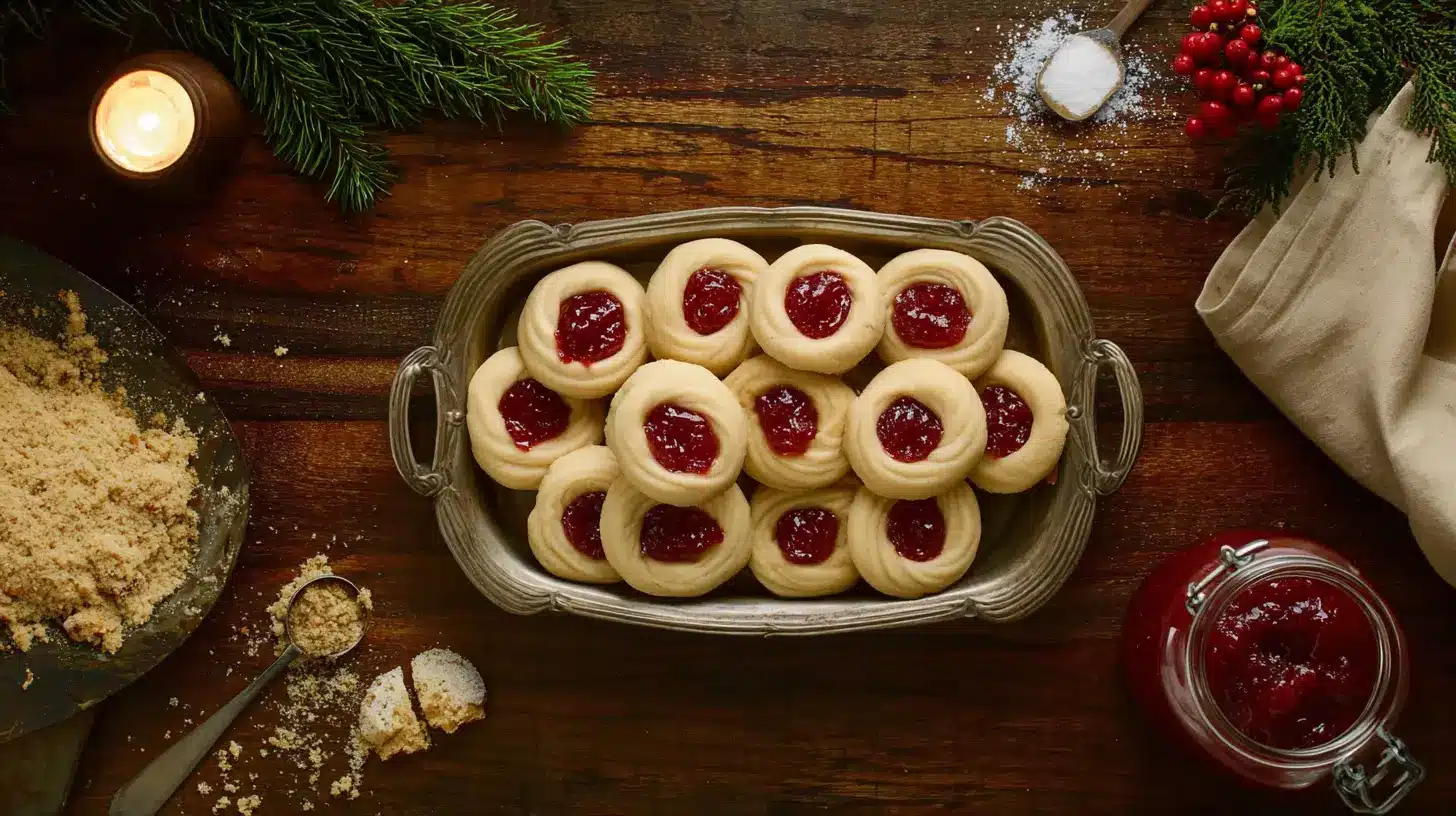 Overhead flat lay of festive Jam Thumbprint Cookies with the Perfect Buttery Crumble on a silver platter, surrounded by holiday baking ingredients.