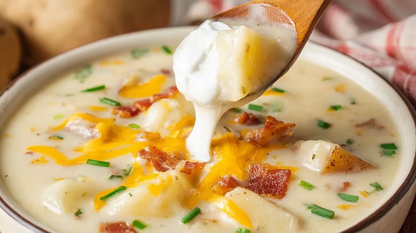Close-up of a steaming bowl of Comforting Loaded Baked Potato Soup, generously topped with melted cheddar, crispy bacon, and fresh chives, with a spoon adding sour cream.