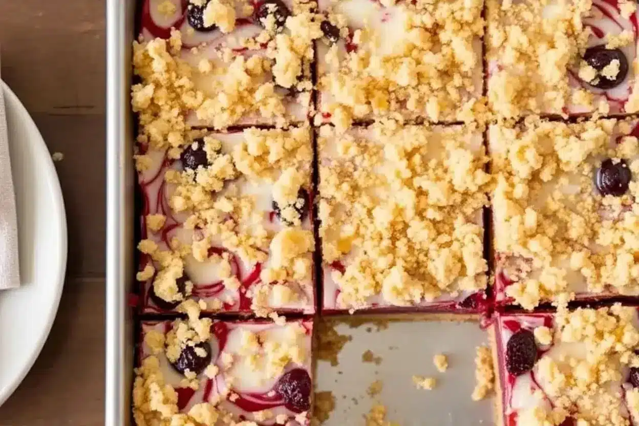 Delicious creamy cranberry orange crumb bars on a plate