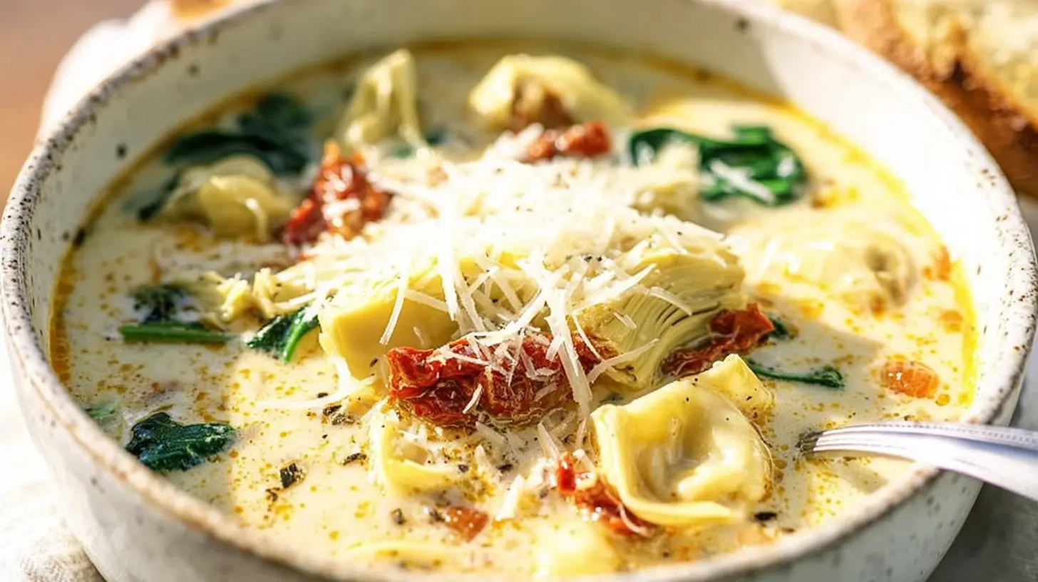 A close-up of a rustic ceramic bowl filled with Creamy Lemony Tuscan Artichoke Soup, featuring pasta, artichoke hearts, sun-dried tomatoes, spinach, and a generous topping of grated Parmesan cheese.