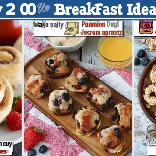 A vibrant image displaying three distinct easy breakfast ideas: glazed cinnamon rolls with strawberries, berry and pastry bites, and rustic oatmeal rings with fresh berries.