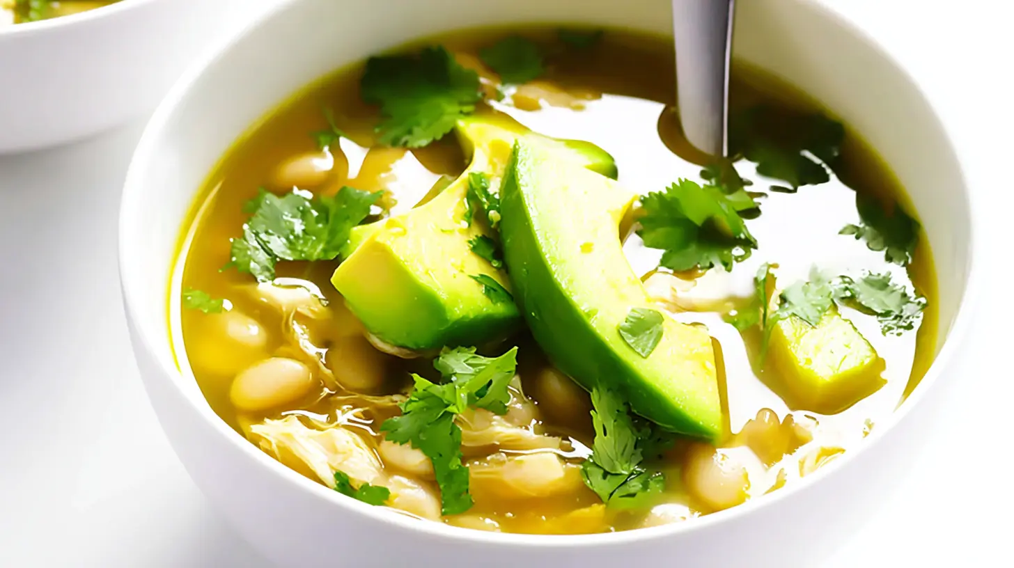 Close-up of a hearty bowl of Easy White Chicken Chili, garnished with fresh avocado and cilantro on a white background.