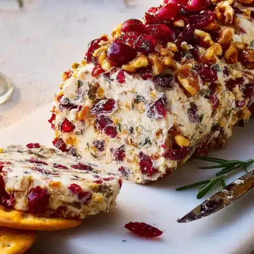 Festive cheese log with cranberries, walnuts, and crackers, perfect for holiday appetizers.