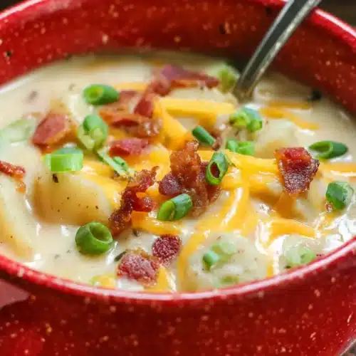 A rustic red bowl filled with a creamy and hearty Loaded Outback Potato Soup Recipe, garnished with crispy bacon, melted cheddar cheese, and fresh green onions.