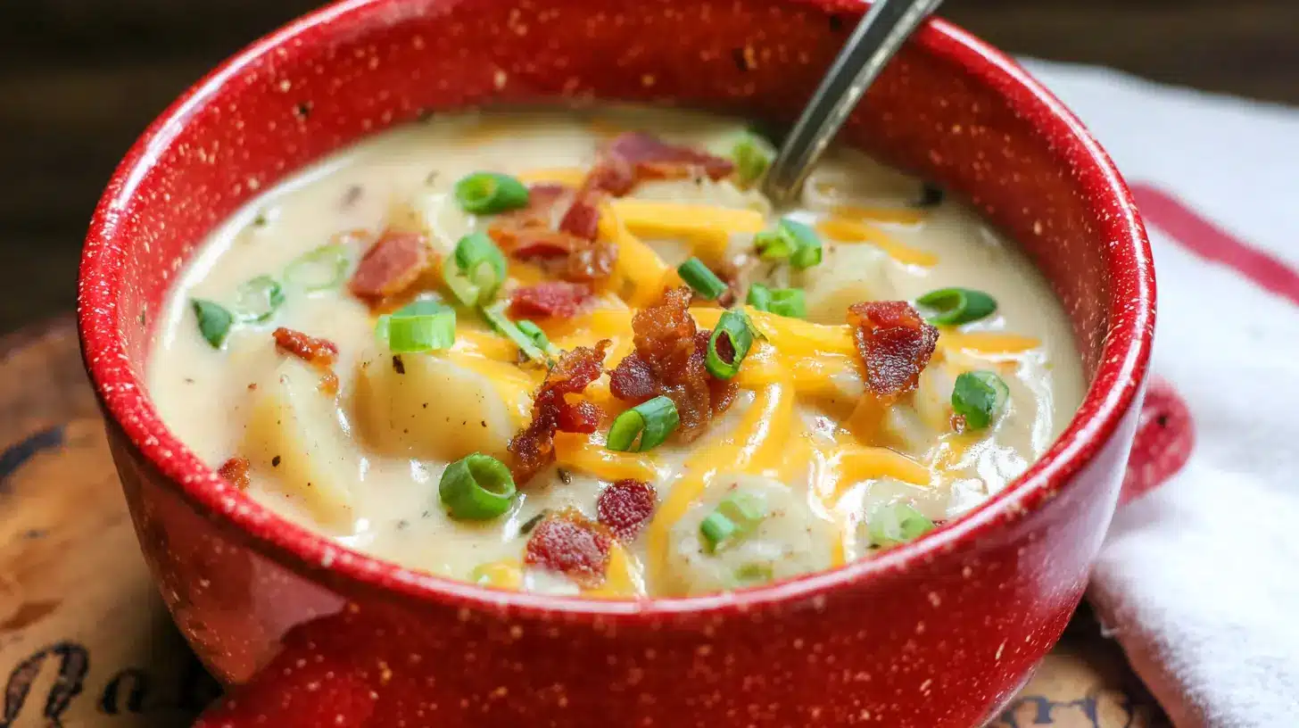 A rustic red bowl filled with a creamy and hearty Loaded Outback Potato Soup Recipe, garnished with crispy bacon, melted cheddar cheese, and fresh green onions.