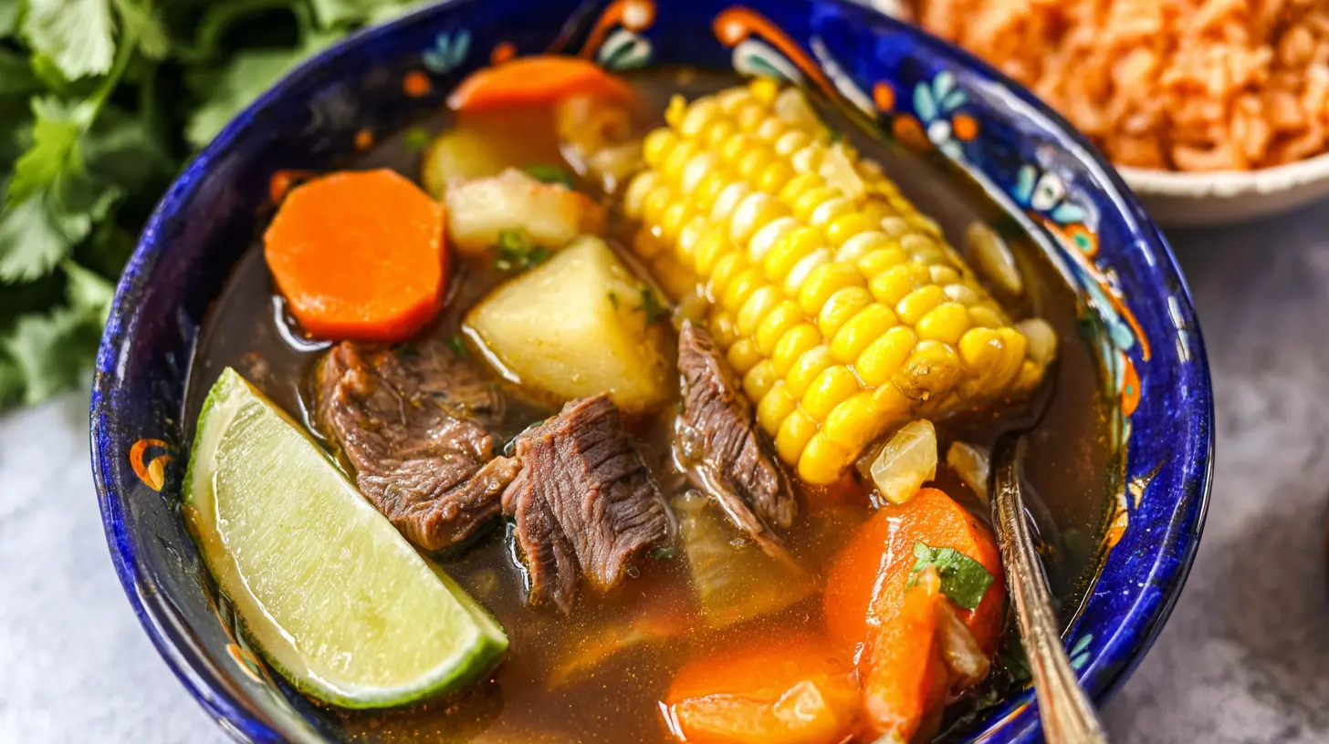 Vibrant Mexican Beef Soup (caldo de res) in a hand-painted ceramic bowl with corn, carrots, potatoes, and a fresh lime wedge.