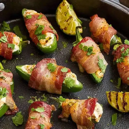 Crispy bacon-wrapped jalapeño poppers with grilled limes and cilantro in a cast-iron pan, perfect for Nye Appetizers Easy.