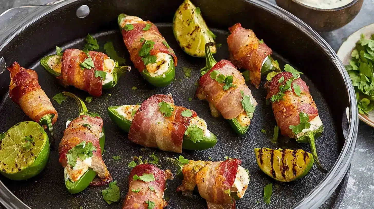 Crispy bacon-wrapped jalapeño poppers with grilled limes and cilantro in a cast-iron pan, perfect for Nye Appetizers Easy.