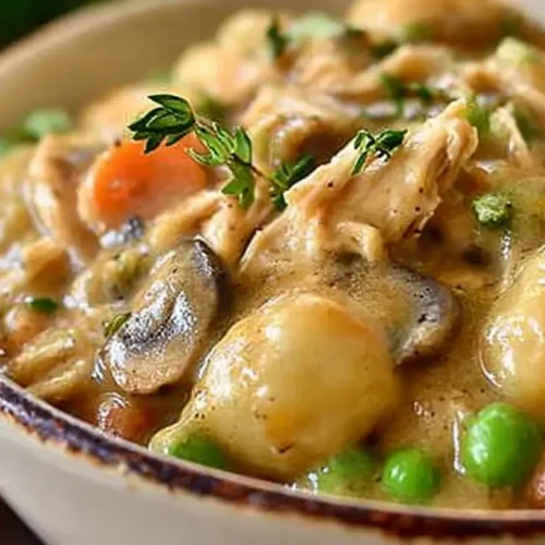 Close-up of a creamy One Pot Gnocchi Chicken Pot Pie, featuring shredded chicken, plump gnocchi, mushrooms, peas, and carrots, garnished with fresh herbs in a rustic ceramic bowl.