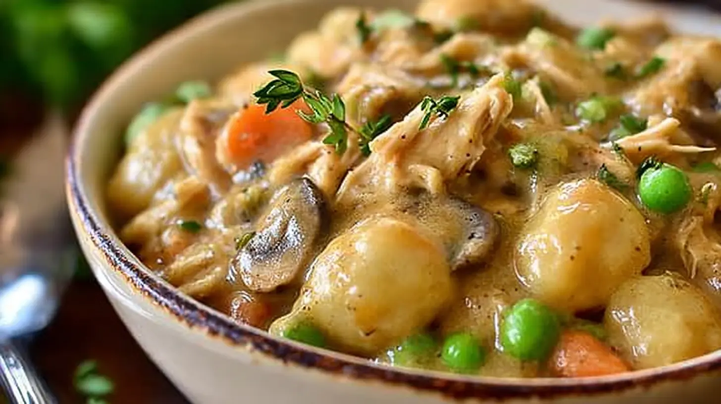 Close-up of a creamy One Pot Gnocchi Chicken Pot Pie, featuring shredded chicken, plump gnocchi, mushrooms, peas, and carrots, garnished with fresh herbs in a rustic ceramic bowl.