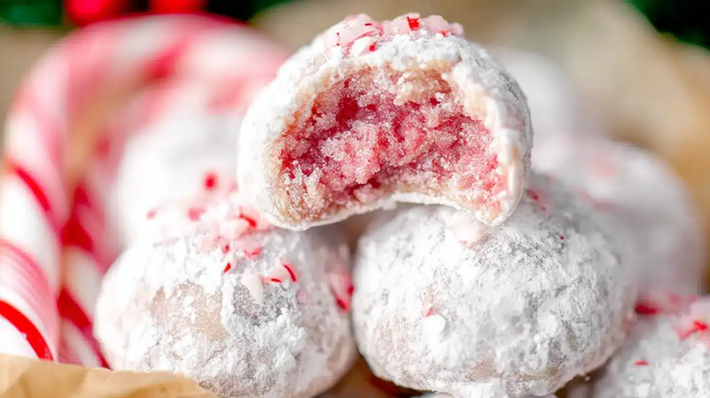 Close-up of festive Peppermint Snowball Cookies, with one broken to reveal its pink interior and red peppermint flecks.