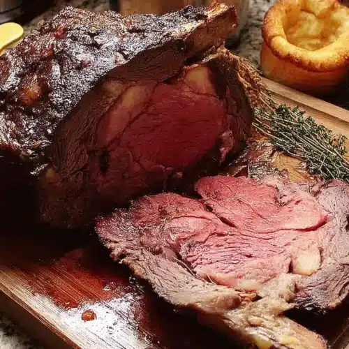 Freshly carved Prime Rib Roast Oven, showcasing a medium-rare interior, golden crust, and served with Yorkshire puddings.