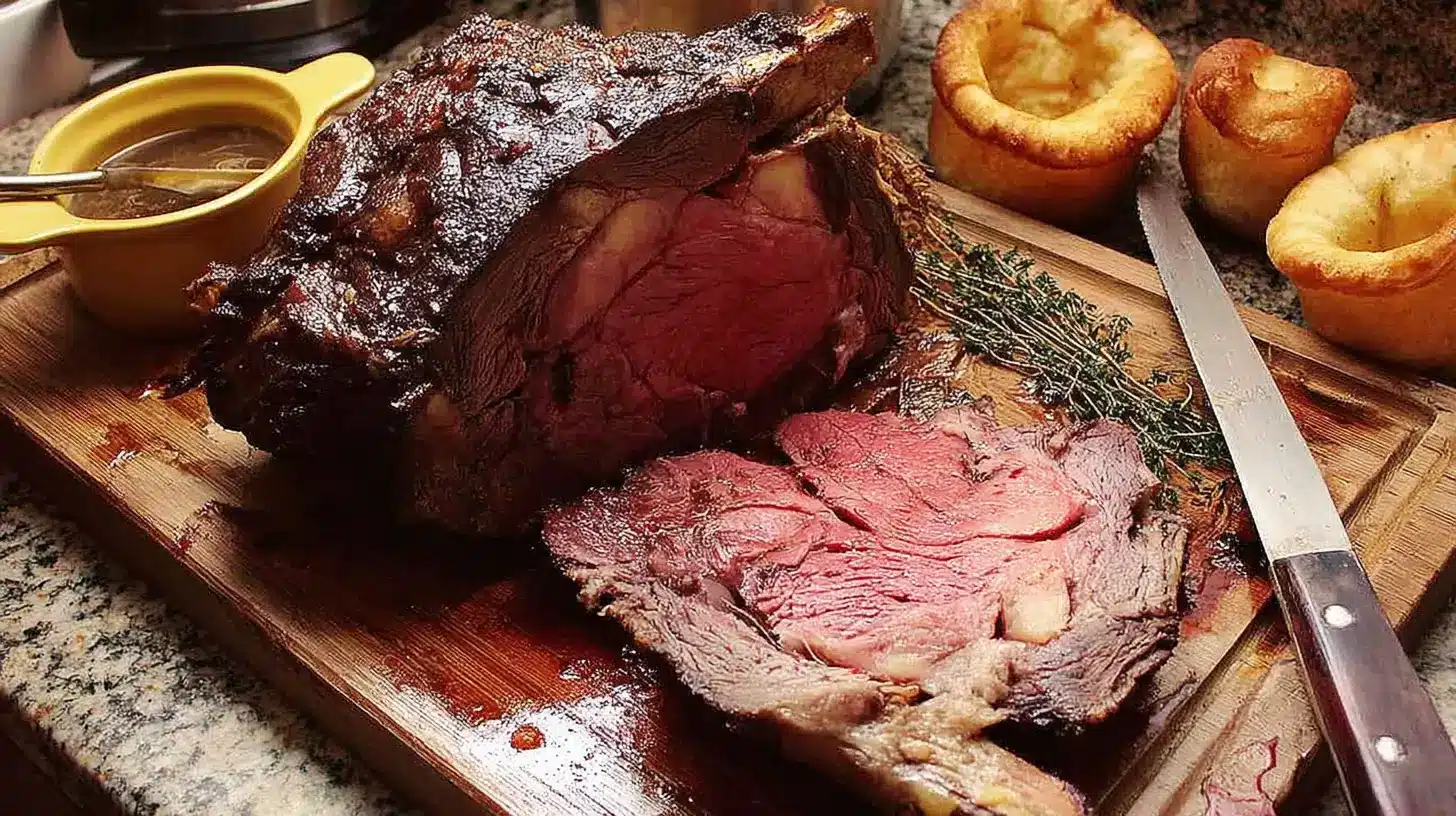 Freshly carved Prime Rib Roast Oven, showcasing a medium-rare interior, golden crust, and served with Yorkshire puddings.