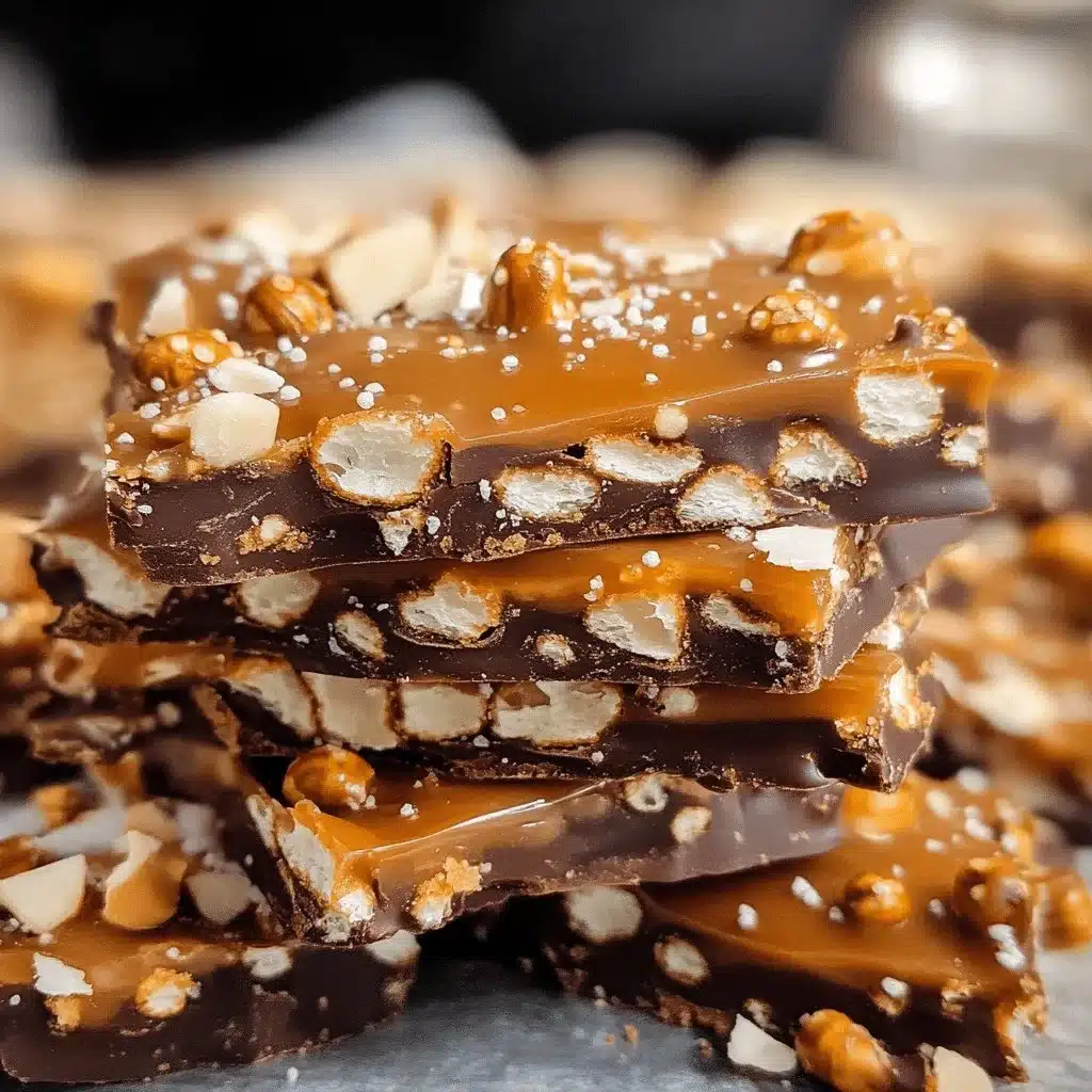 Delicious salted caramel pretzel bark dessert garnished with sea salt