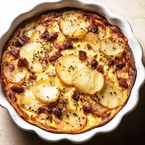 Overhead view of a savory baked potato and egg casserole, perfect for a hearty Savory Breakfast.