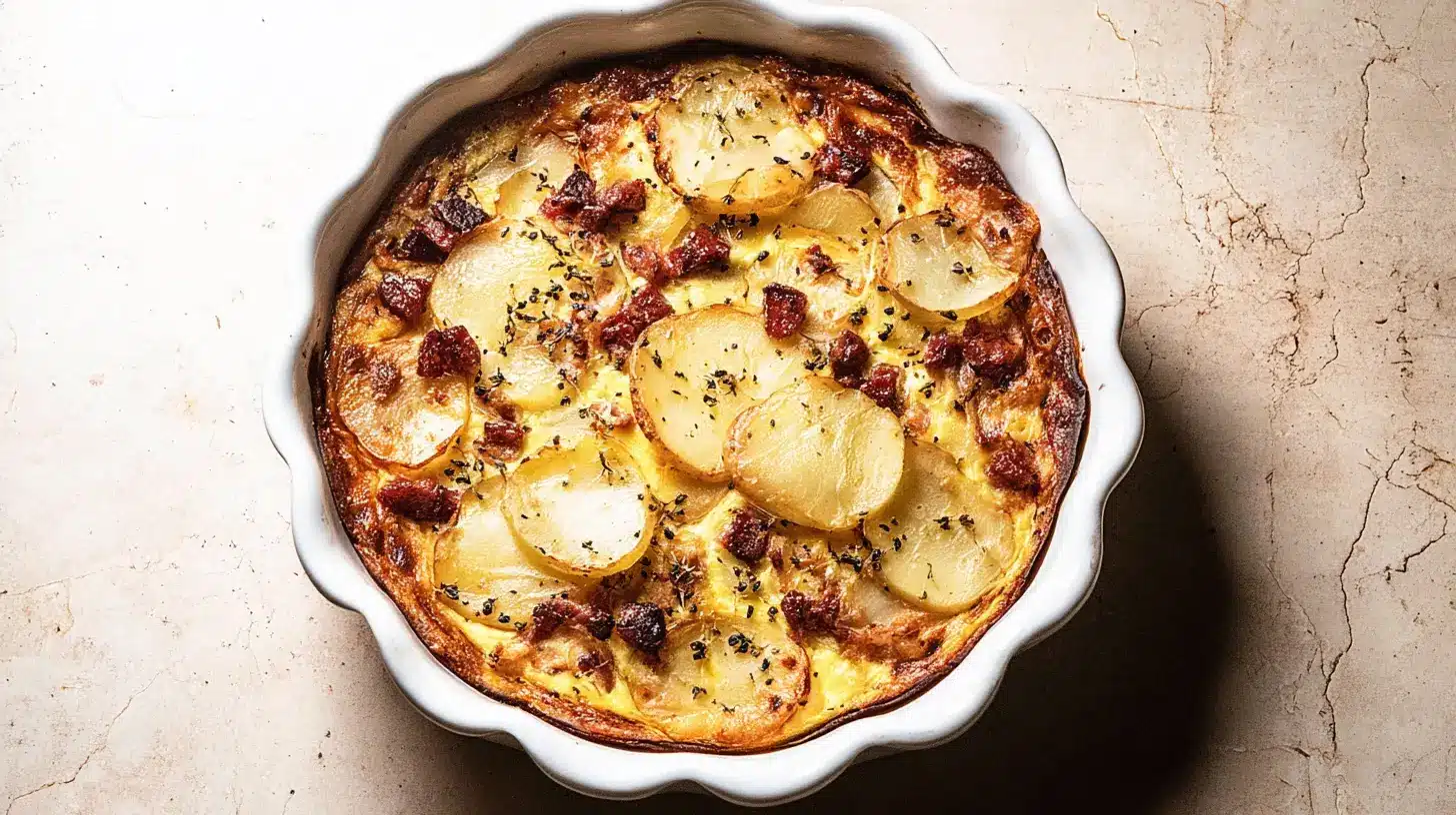 Overhead view of a savory baked potato and egg casserole, perfect for a hearty Savory Breakfast.