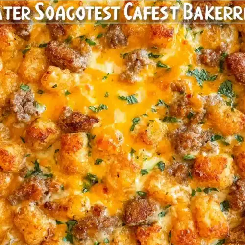 Close-up overhead view of a delicious Tater Tot Sausage Breakfast Casserole in a white baking dish on a wooden background.