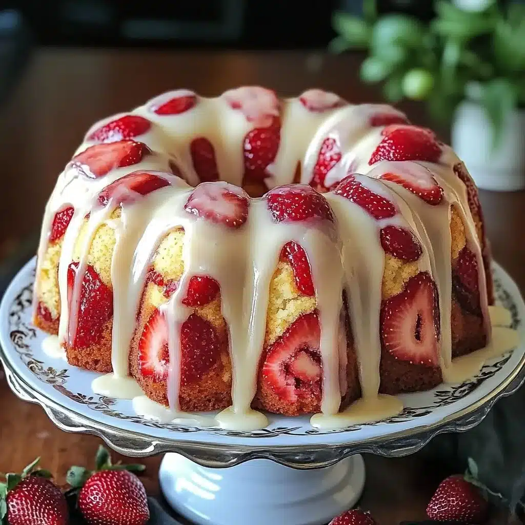 Delicious strawberry cream cheese pound cake sliced and garnished with fresh strawberries.