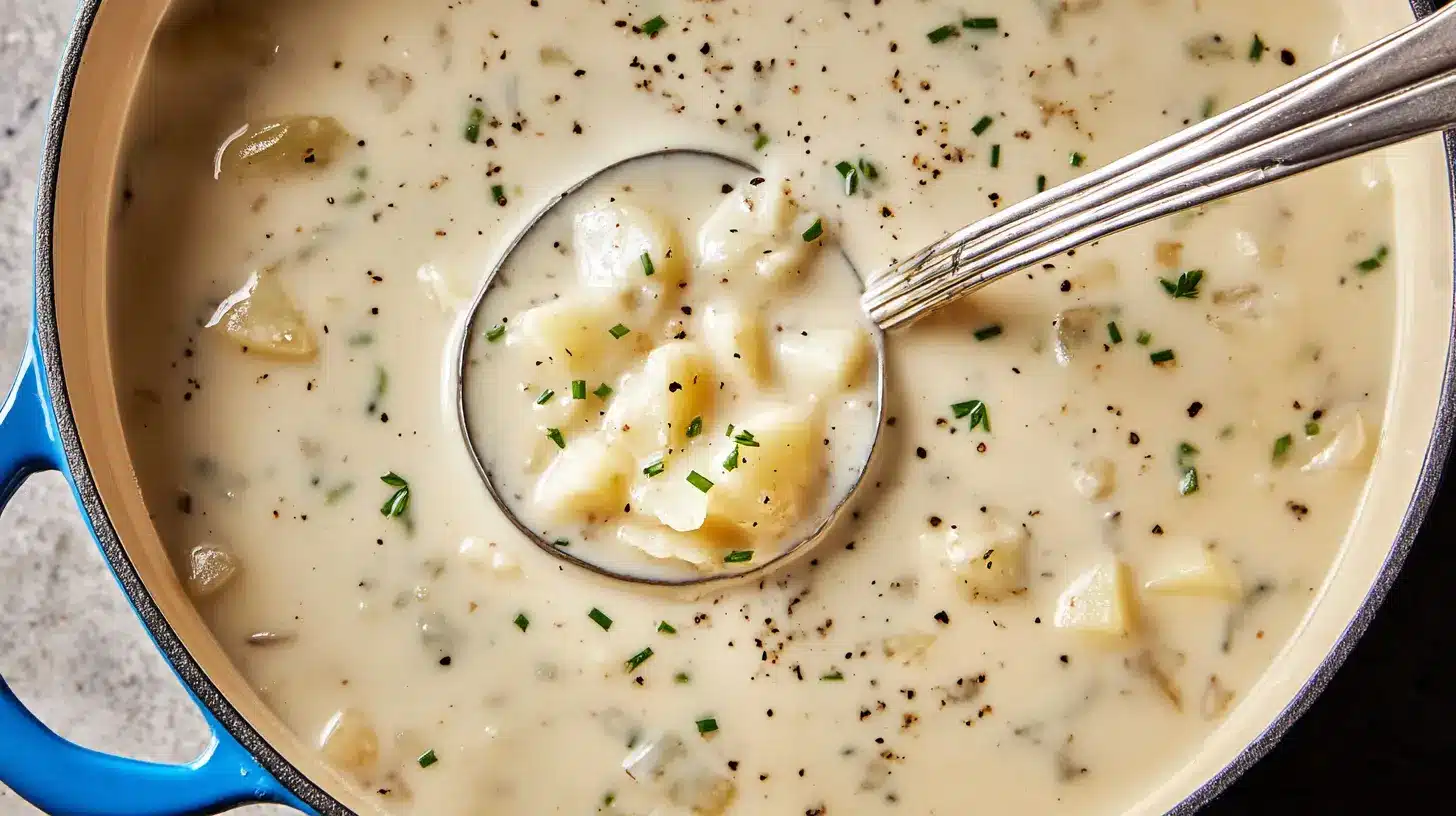 Overhead view of a creamy, hearty serving of The Best Potato Soup in a blue Dutch oven with a ladle and fresh chives.