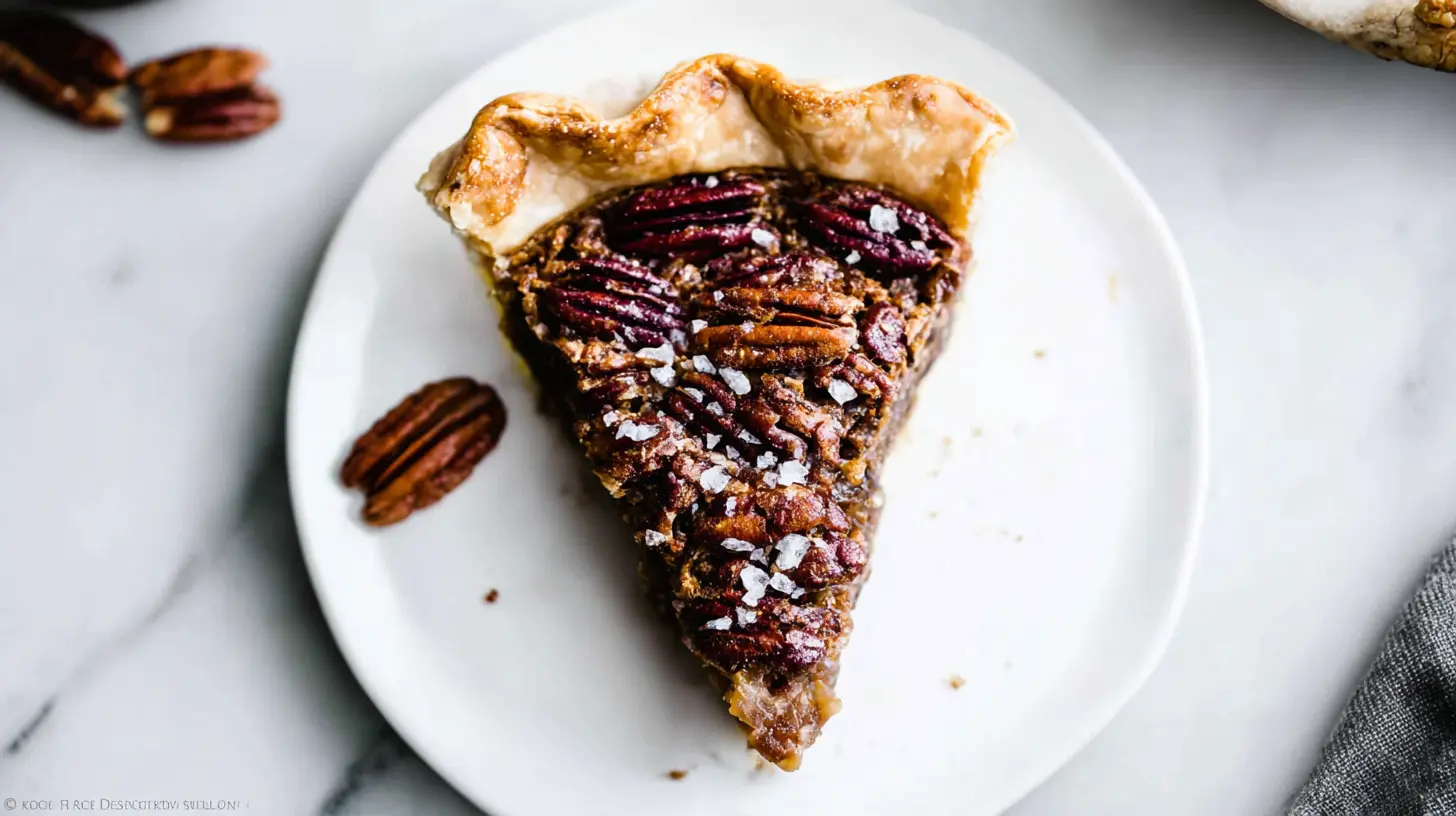 An overhead shot of a delicious slice of The Maple Pecan Pie with a flaky crust and toasted pecans on a white plate.