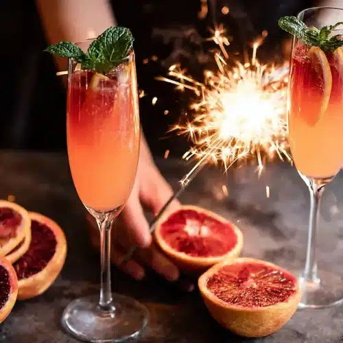 Festive blood orange drinks with a sparkler and cut oranges, perfect for winter appetizers.